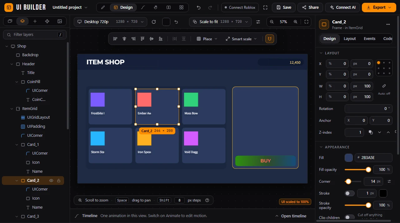 UI Builder editing a Roblox item shop, with its instance tree, canvas and property controls.